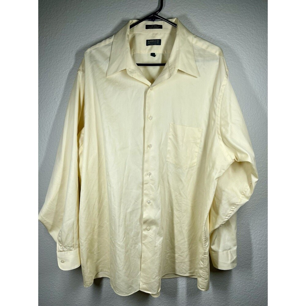 Arrow Mens Dress Shirt 18.5 34/35 Ivory Sateen Solid Long Sleeve Pocket